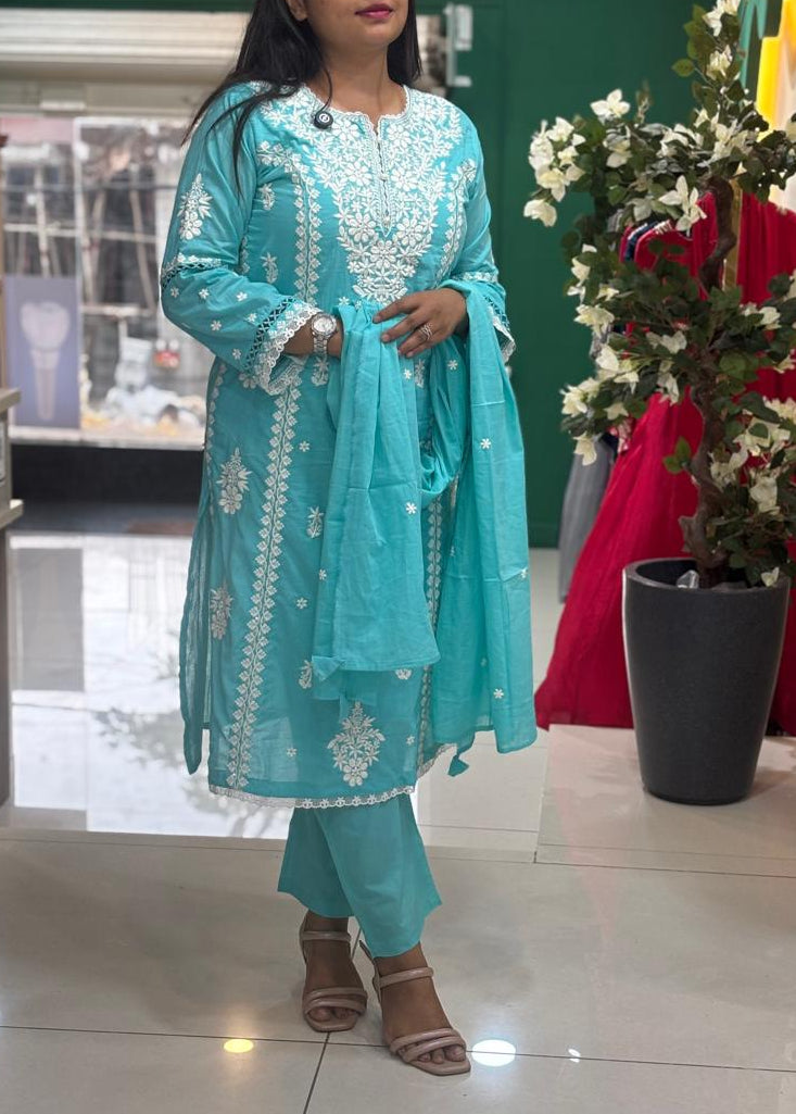 Blue Mul Cotton  Chikankari Work Straight Fit Kurtha 196