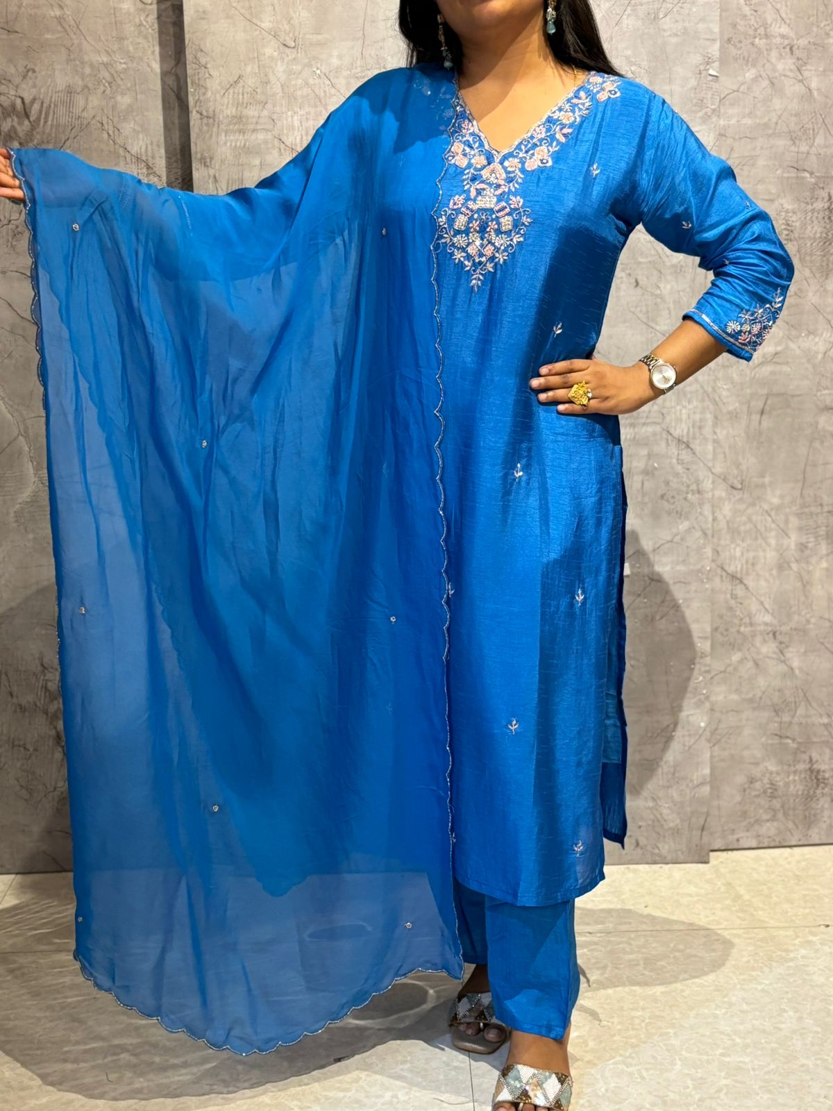 "Royal Blue" Dola Silk embroidery kurtha 444