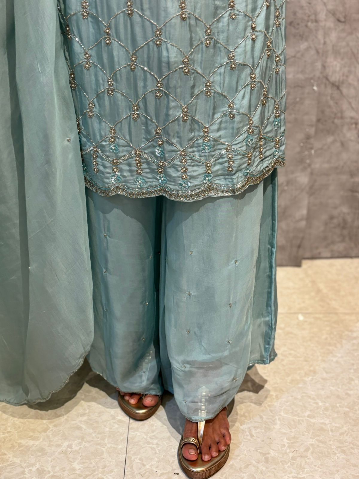 "Boomi" Sky blue Designer Handwork Sharara party Kurtha set