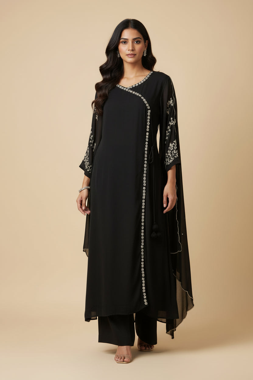 Black Chinnon Thread Embroidery Airline Kurtha