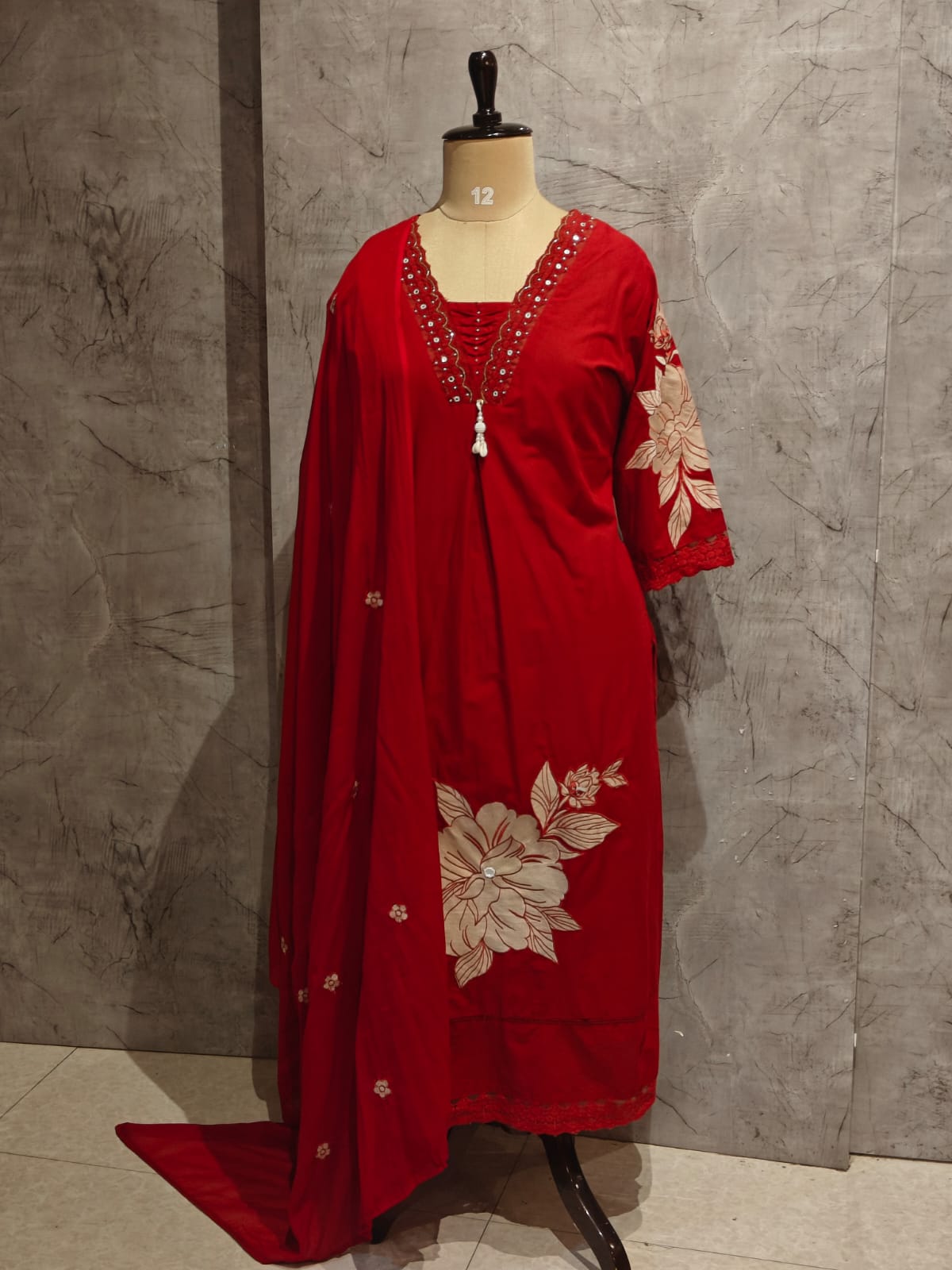 Red Cotton Hand Embroidery Straight Fit Kurtha 597