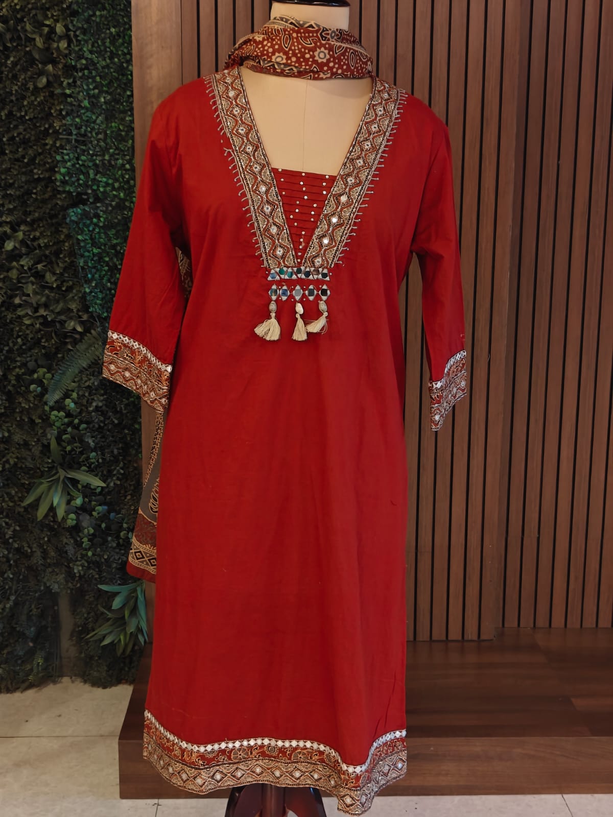 Maroon Cotton Thread Embroidery Straight Fit plus size Kurtha