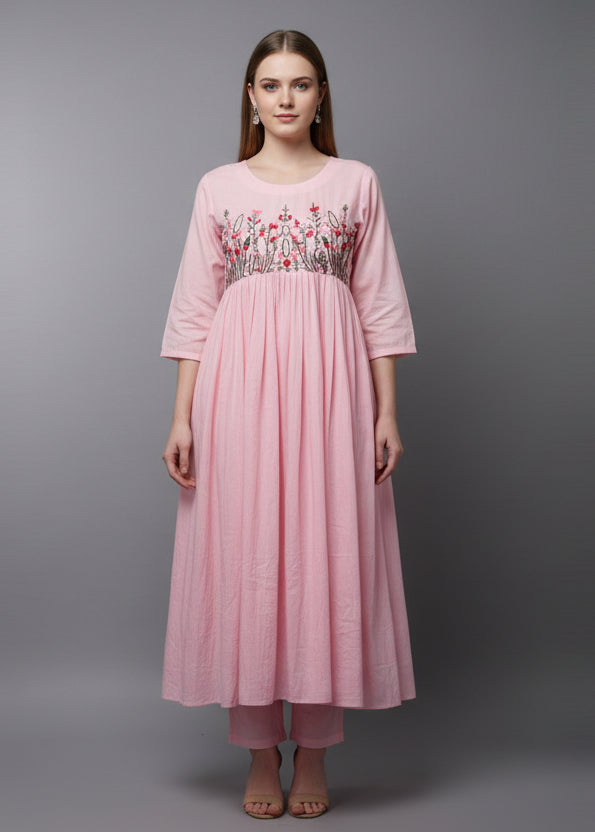 Baby Pink Cotton Thread Embroidery Cord set  Kurtha 27