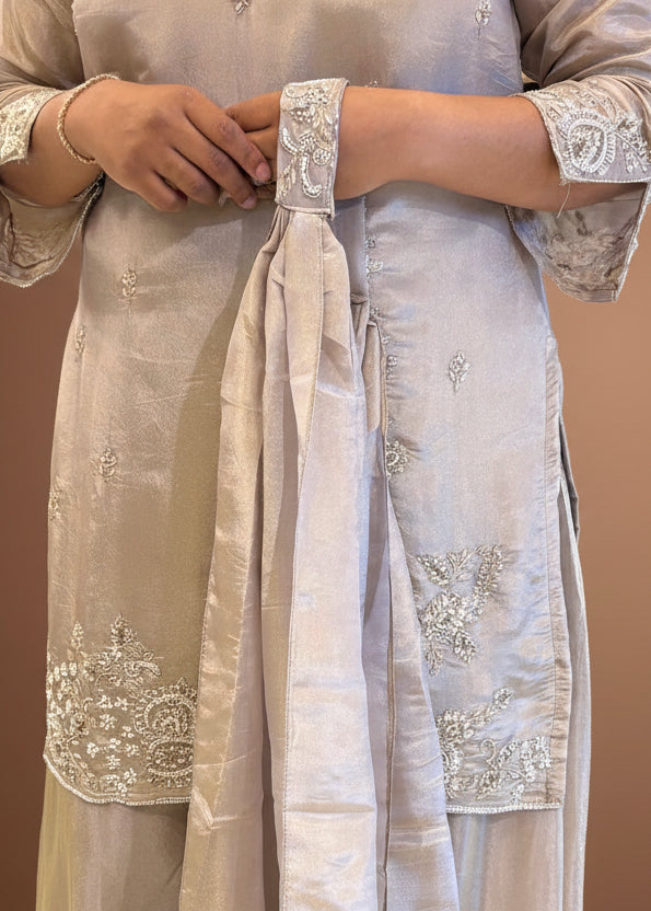 Grey Tissue Hand Embroidery Palazzo Kurtha 301
