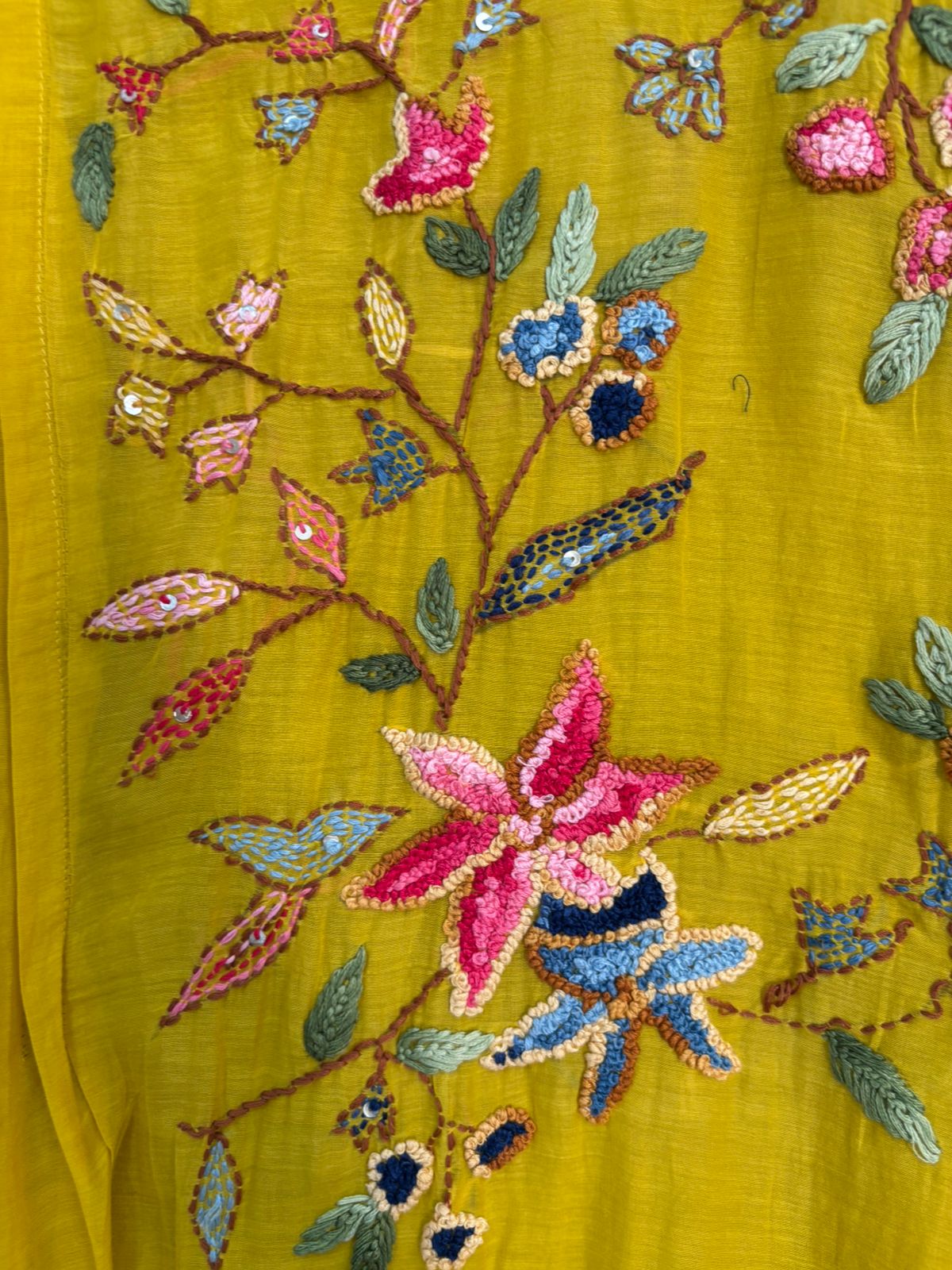 Yellow Mul Chanderi Thread Embroidery Airline Kurtha 483