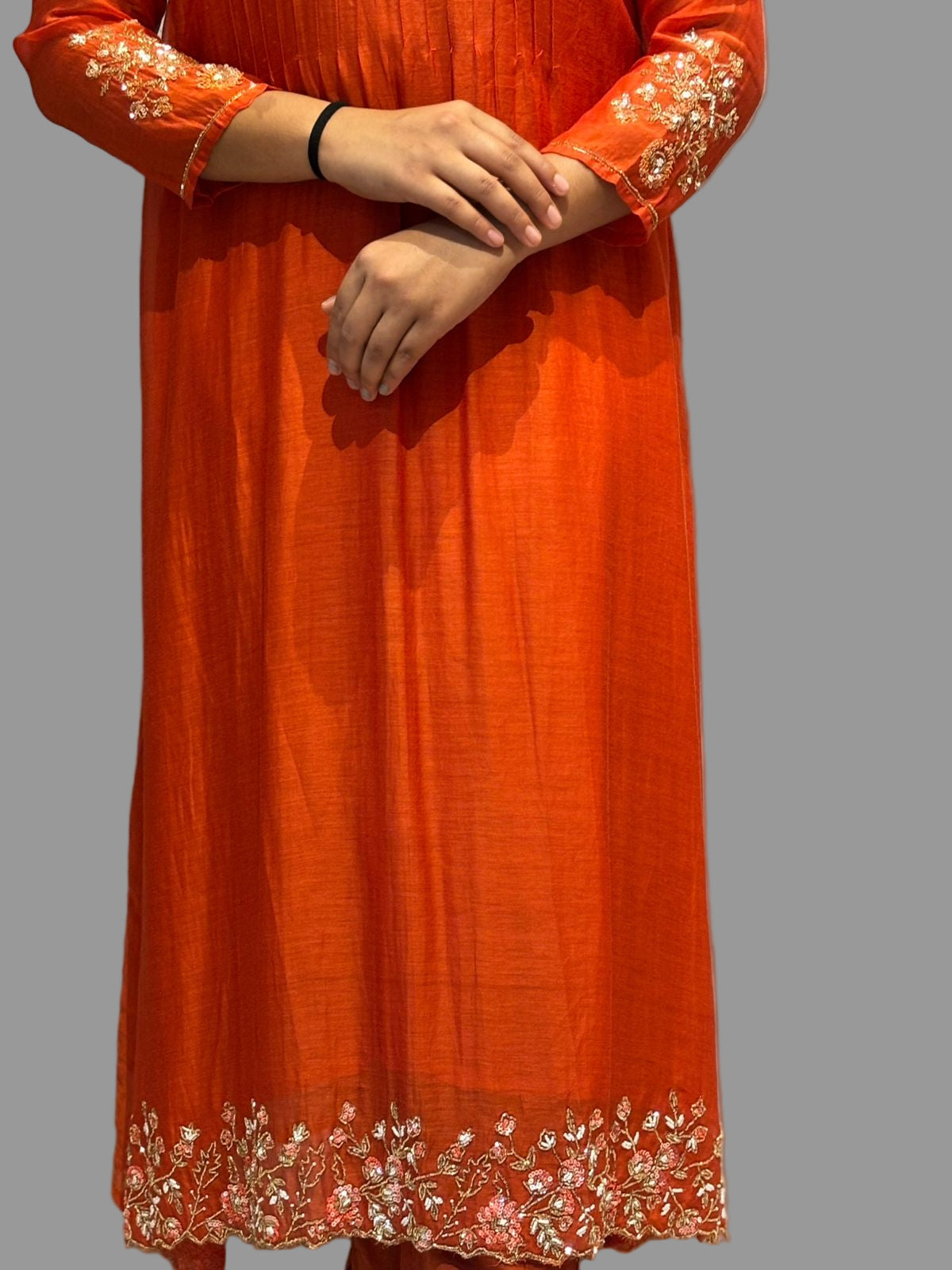 Orange Mul Chanderi Hand Embroidery Anarkali Kurtha 131