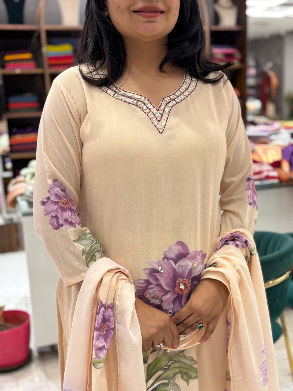 Beige Cotton Hand Embroidery Straight Fit Kurtha 483