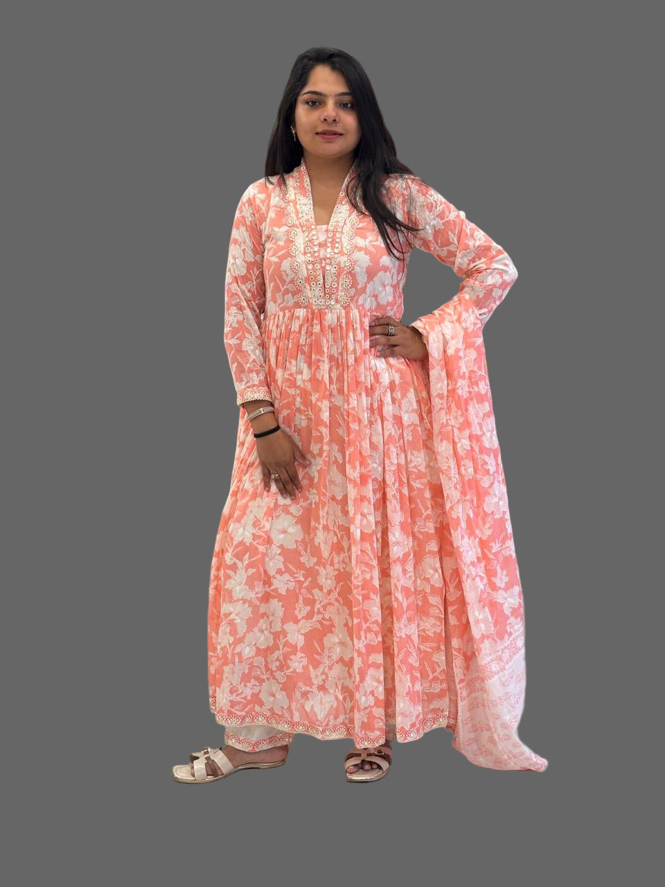 “Naya” Pink Mul Cotton 3pcs Kurtha suit with block prints and embroidery 242