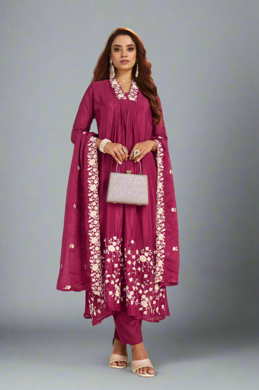 "Devi" Megenta Pink Chinnon Embroidery 309 Airline Handwork Kurtha plus size