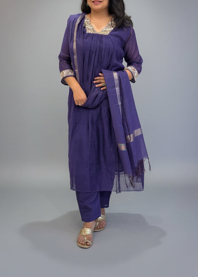 Purple Mul Chanderi Hand Embroidery Airline Kurtha 324