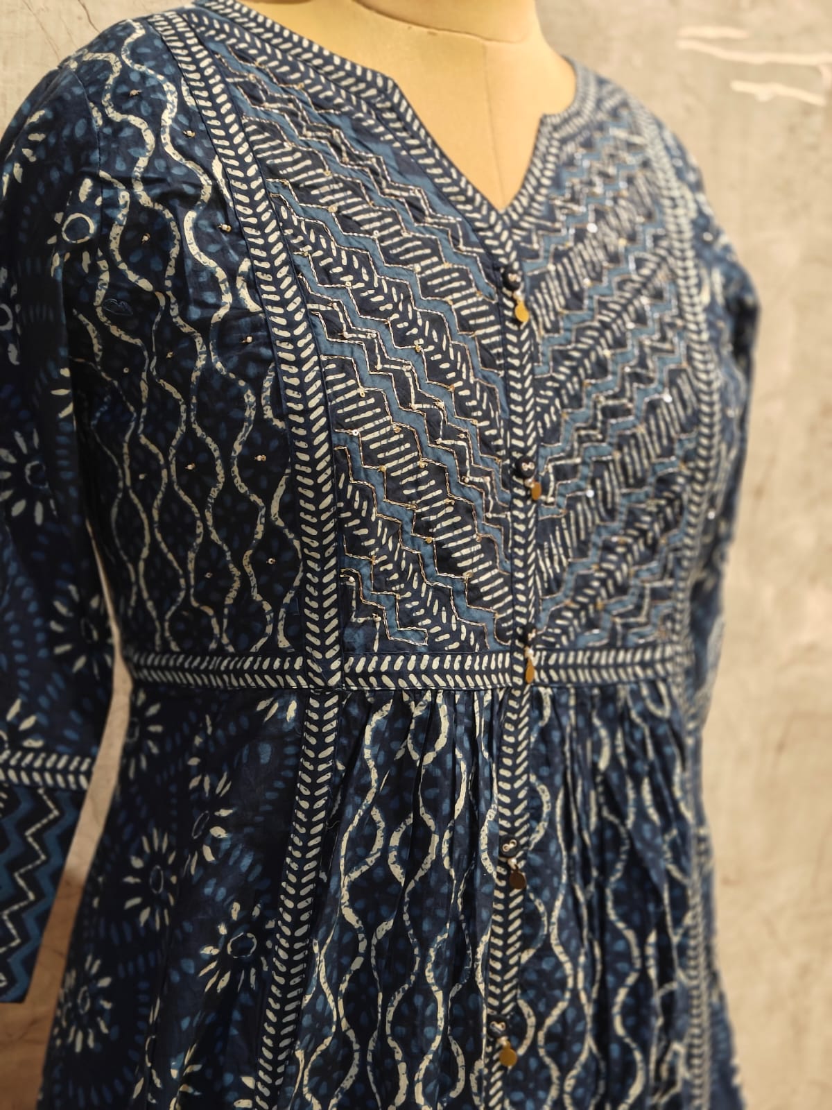 Navy Blue Cotton Anarkali Block Print Kurtha 41