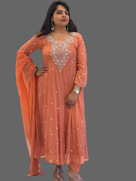 Peach Orange Anarkali Chinnon Hand Embroidery Kurtha 567