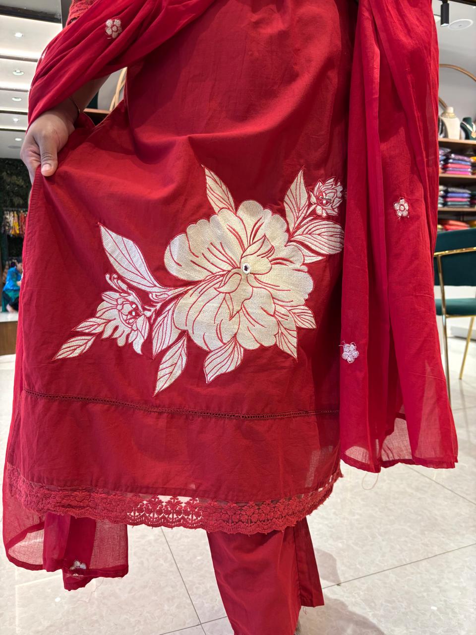 Red Cotton Hand Embroidery Straight Fit Kurtha 597