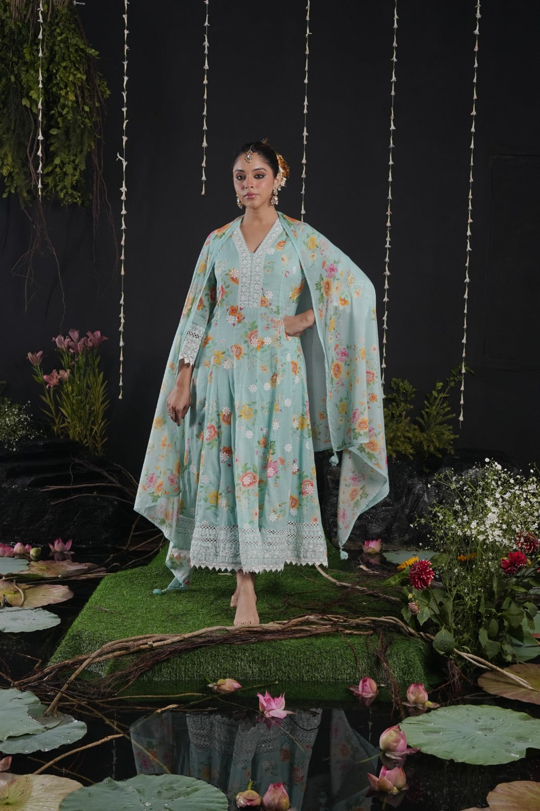 Blue Cotton Thread Work Anarkali Kurtha 742