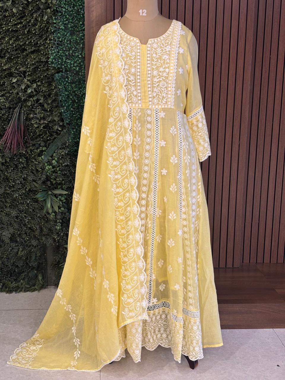 Lemon Yellow designer Hakkoba chicken curry work Anarkali Kurtha 459