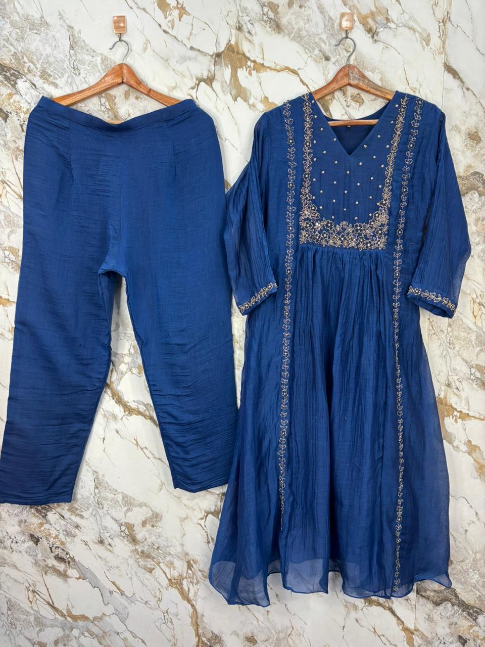 “Pani" Blue Mul Chanderi silk Kurtha suit with work hand embroidery 898