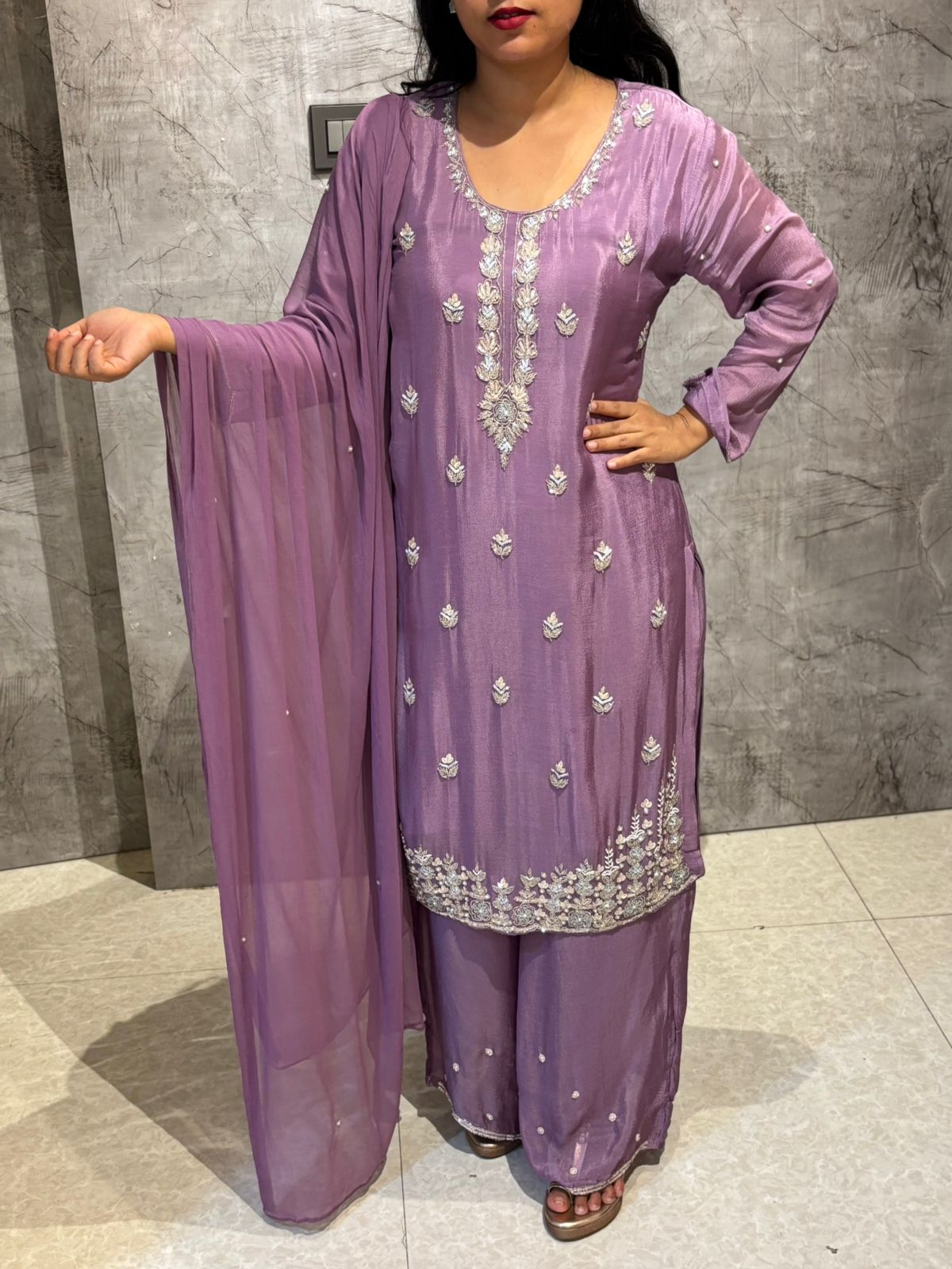 "Boomi" Purple Designer Hand Embroidery Sharara party Kurtha set
