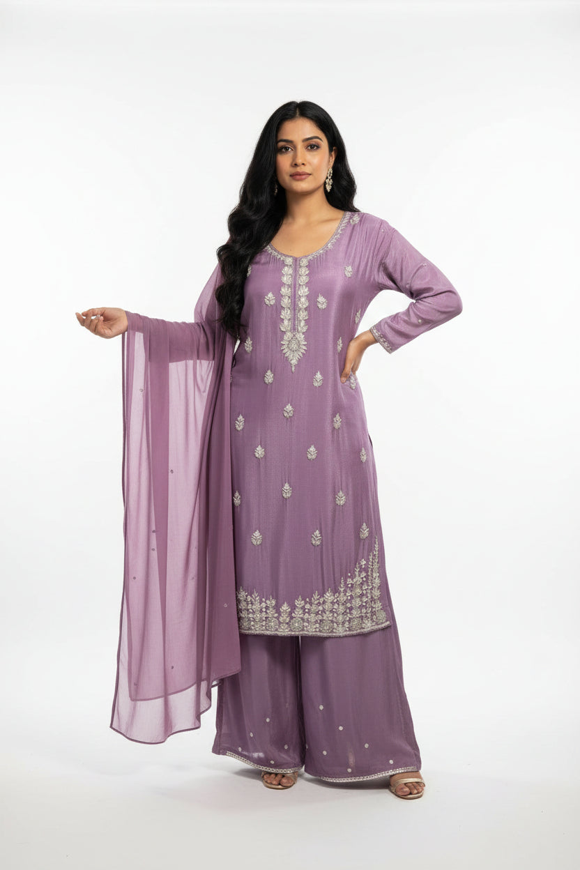 "Boomi" Purple Designer Hand Embroidery Sharara party Kurtha set