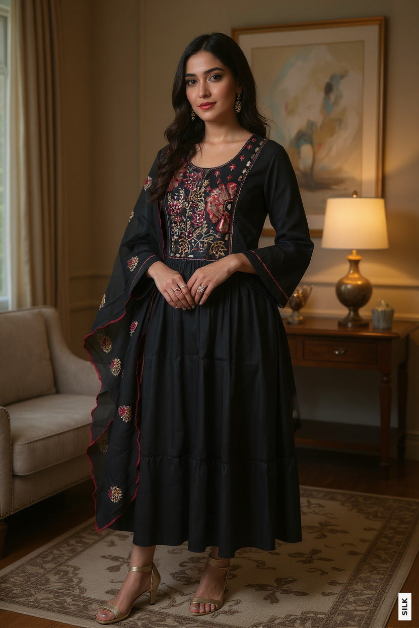 Black Silk Thread Embroidery Anarkali Kurtha