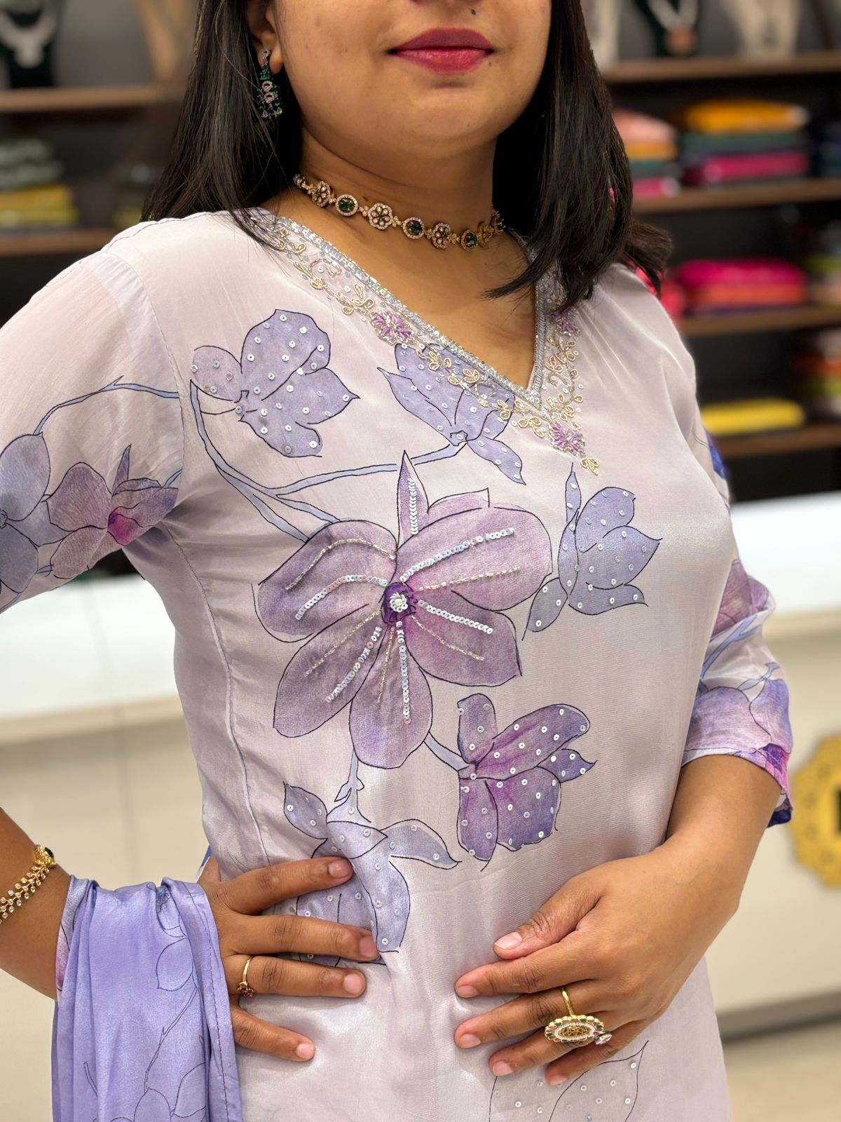 Purple Digital Print Handwork Crepe Kurtha 693