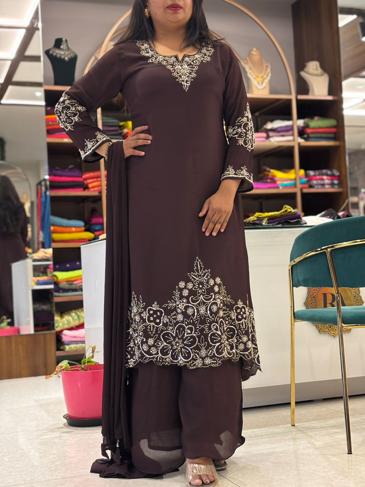 Brown Chinnon Hand Embroidery Airline Kurtha 673