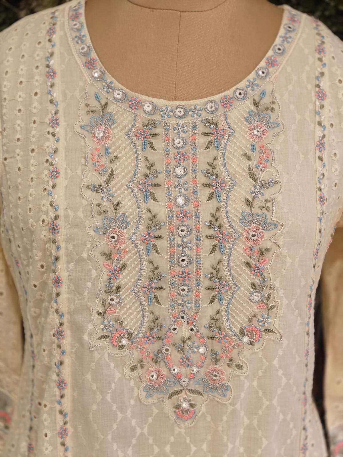 White Cotton Hacoba Work Anarkali Kurtha 459