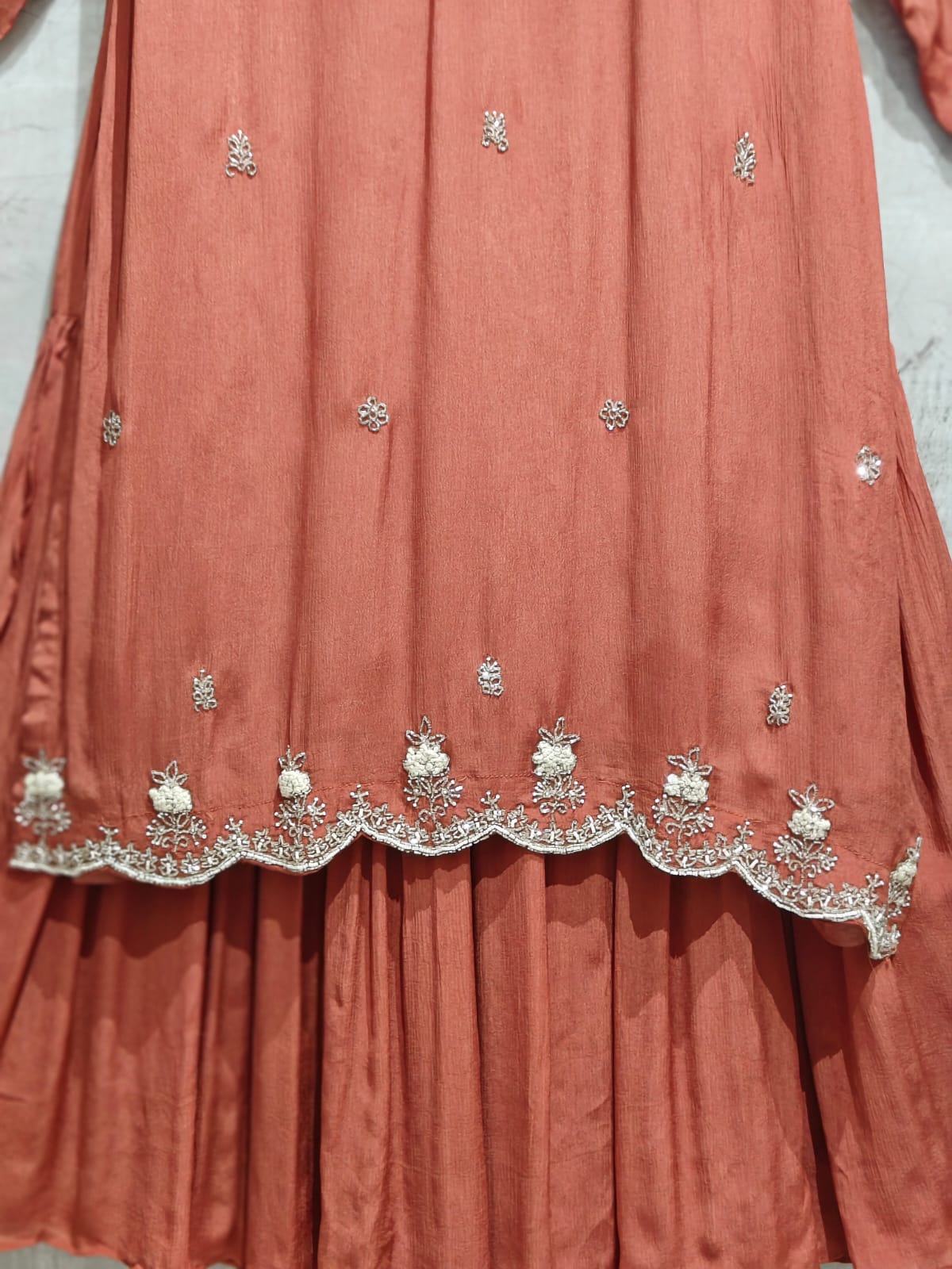 “Pari" Rustic Orange chinnon handwork party ware Kurtha set