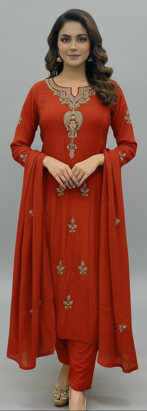 Rustic Orange Mul Chanderi Hand Embroidery Anarkali Kurtha 588