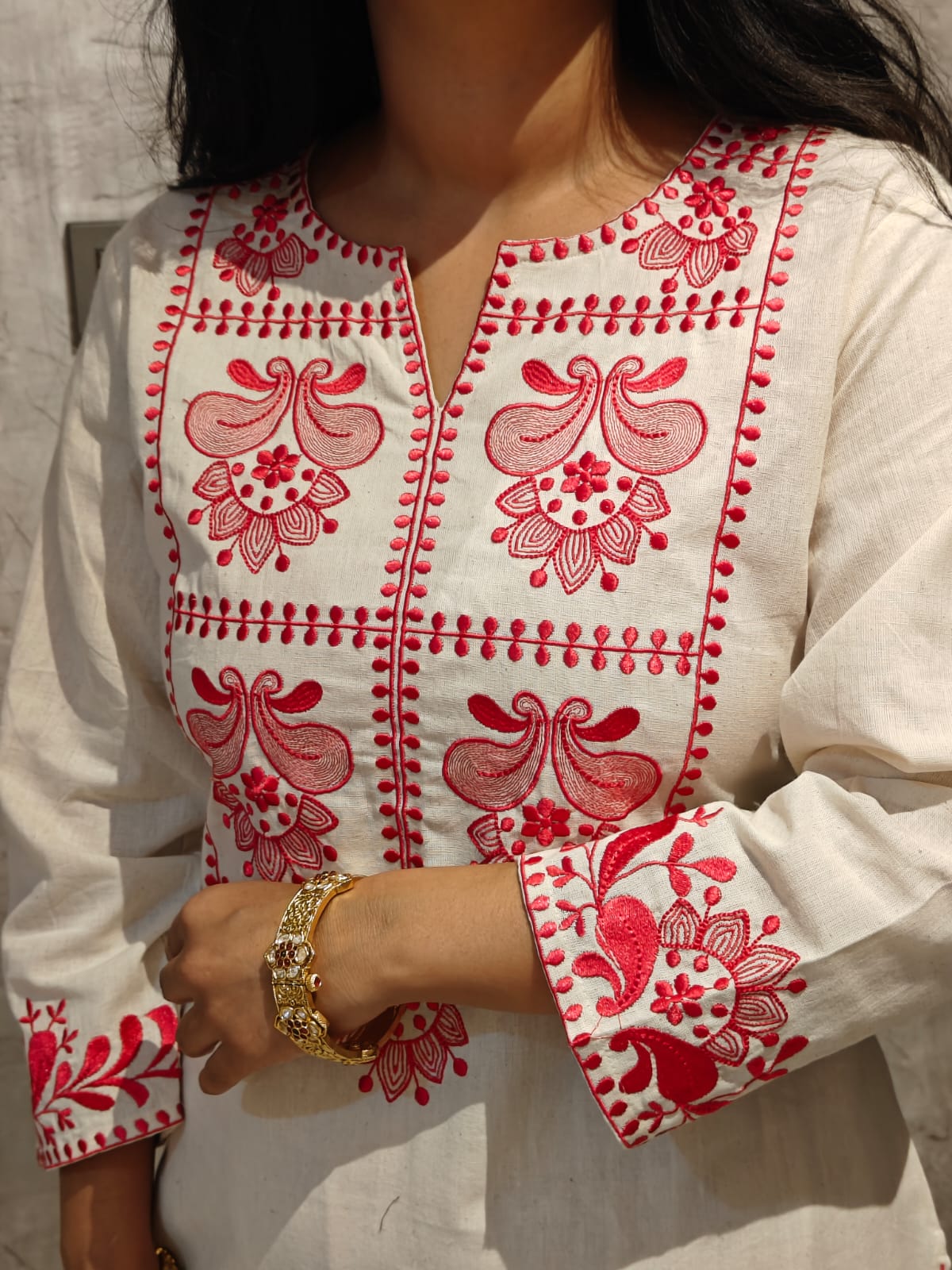 White and Pink Cotton Linen Thread Cord set  Kurtha set 077