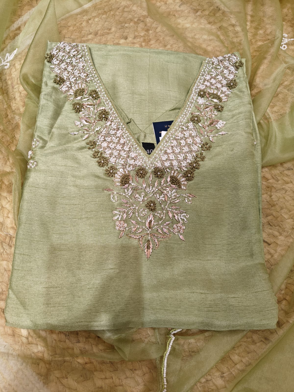 Pista Green Dola silk Pastel Kurtha with Pearl handwork embroidery work 511
