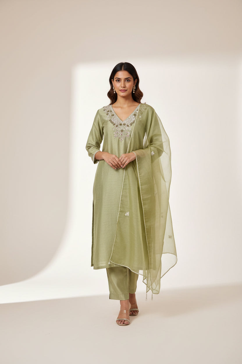 Pista Green Dola silk Pastel Kurtha with Pearl handwork embroidery work 511