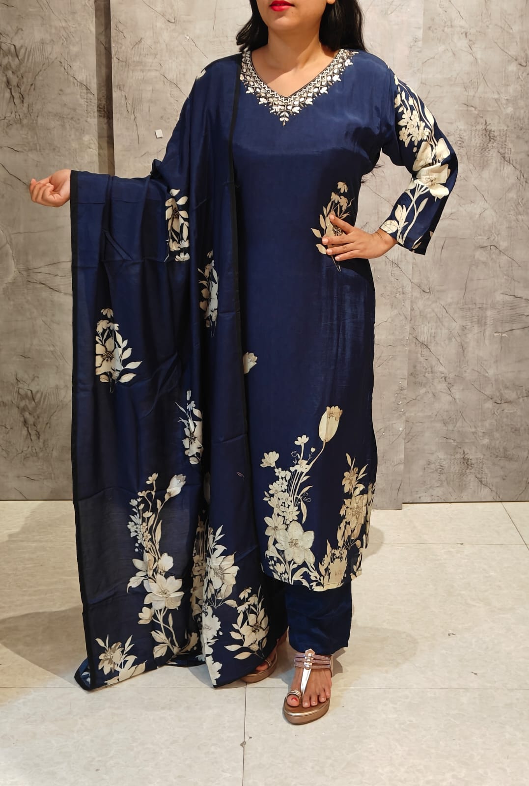 Dark Blue Muslin Crepe Digital Print Kurtha 693