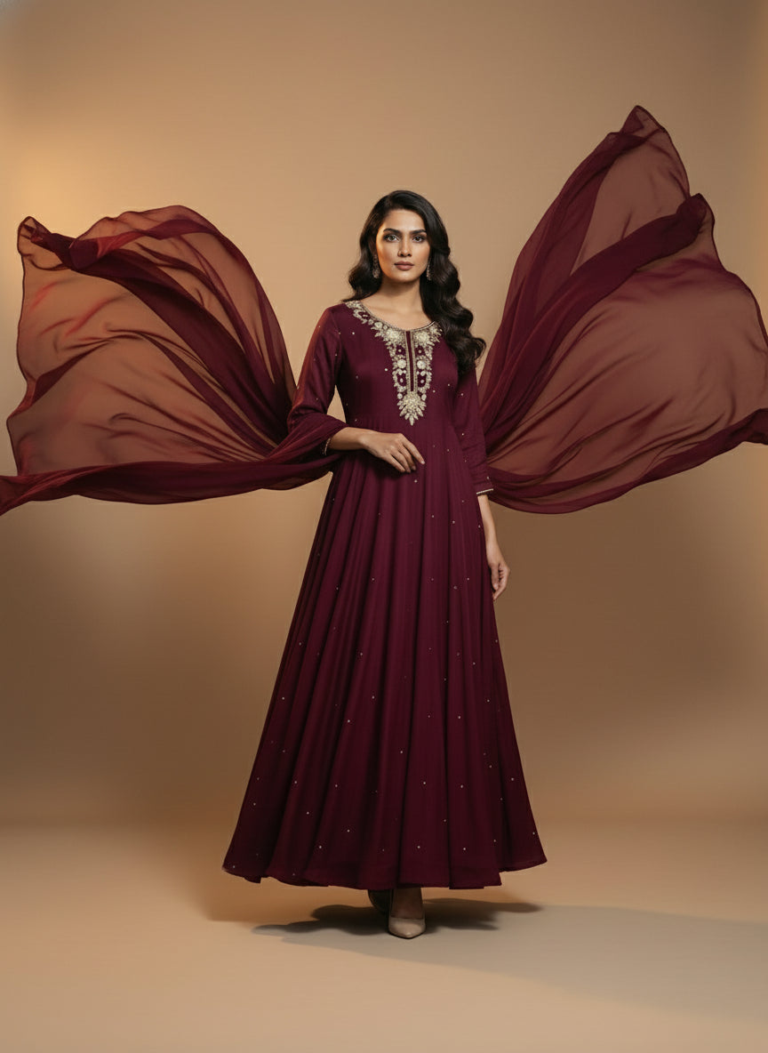 Purple Anarkali Chinnon Hand Embroidery Kurtha 567