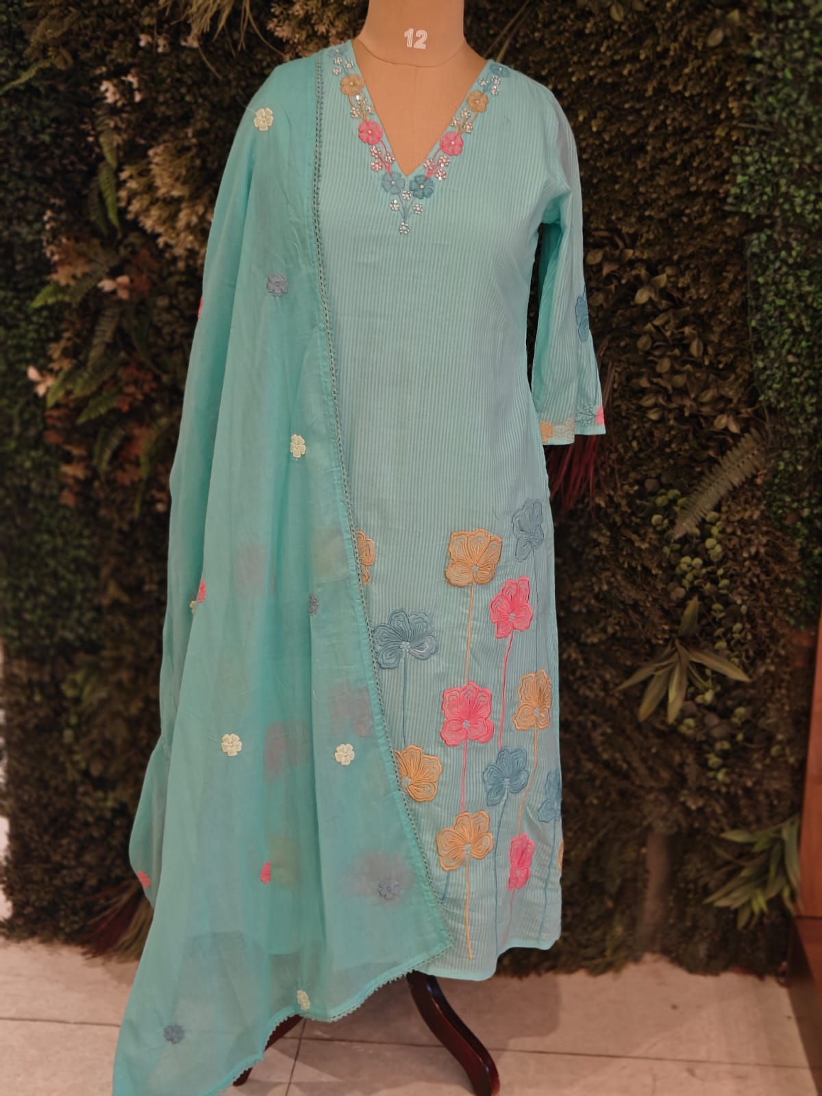 Blue Mul Cotton Hand Embroidery Airline Kurtha 203