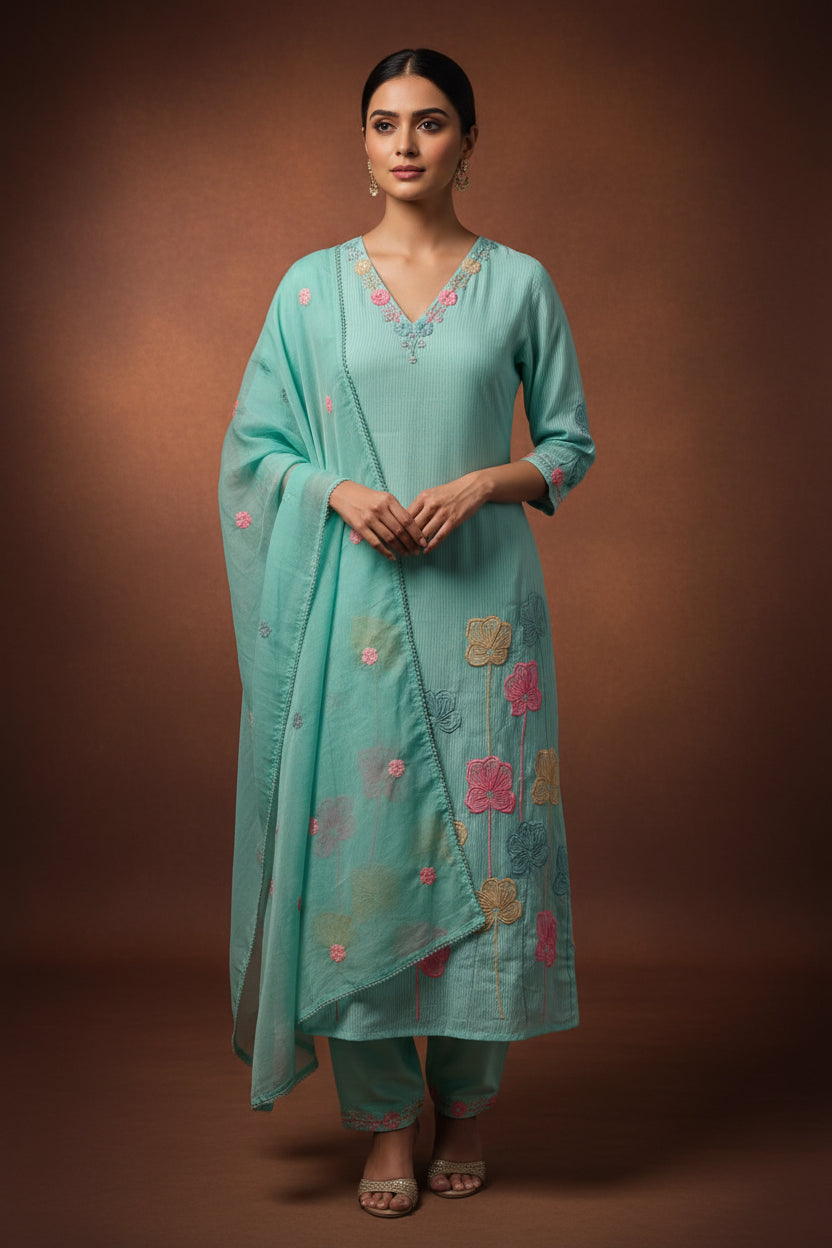 Blue Mul Cotton Hand Embroidery Airline Kurtha 203