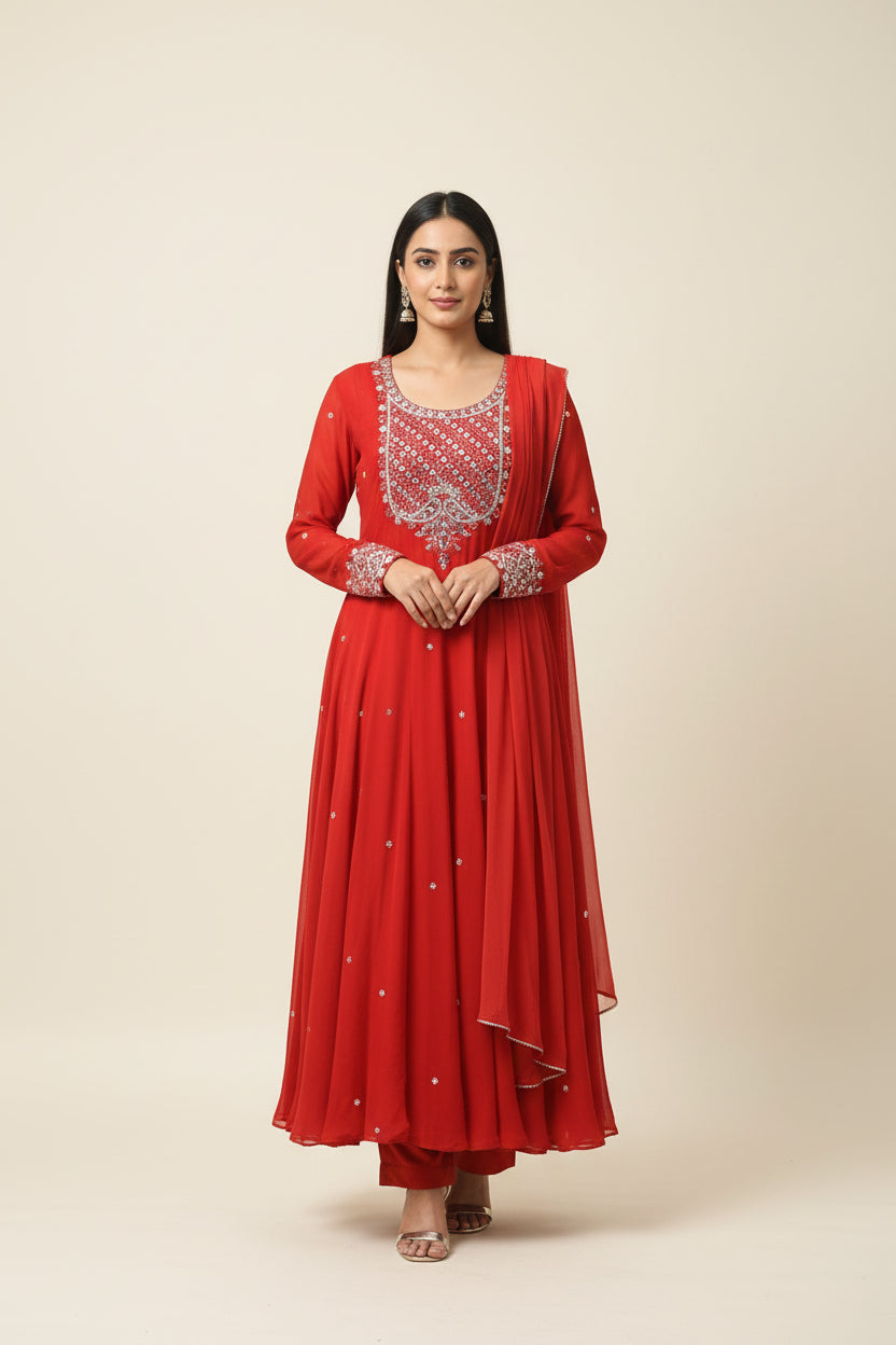 Orange Anarkali Chinnon Hand Embroidery Kurtha 567