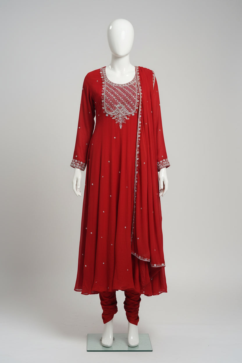 Orange Anarkali Chinnon Hand Embroidery Kurtha 567