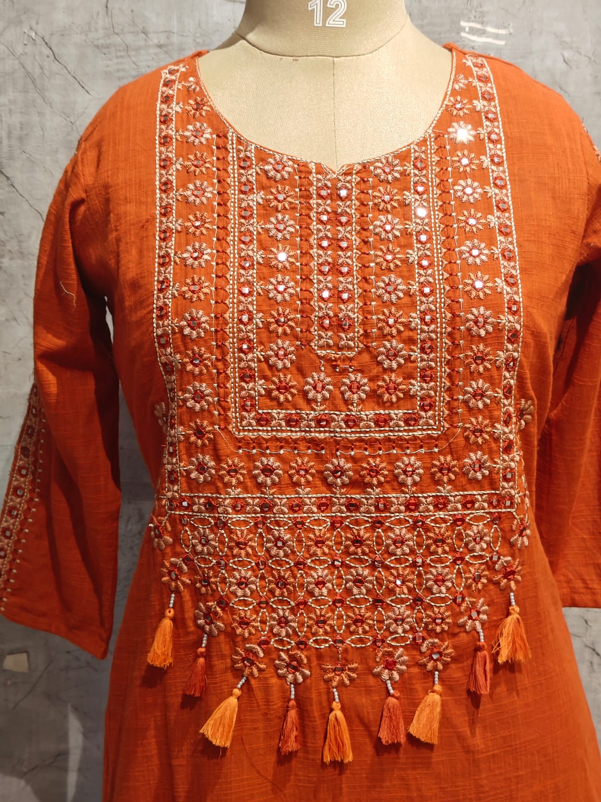 Orange Lenin Thread Embroidery Straight Fit Kurtha