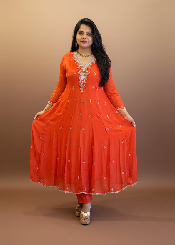 Orange Anarkali Chinnon Hand Embroidery Kurtha 567