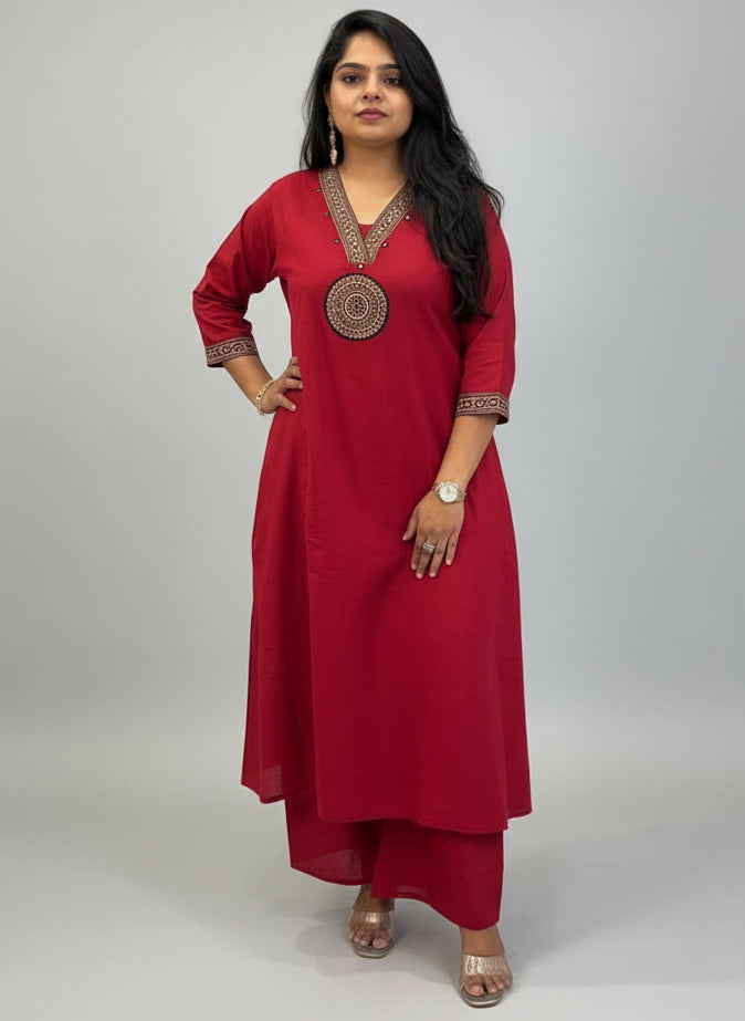 Red Cotton Hand Embroidery Cord Set Kurtha 661