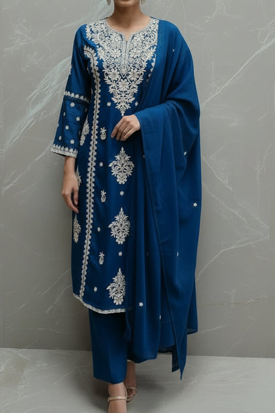 Navy Blue Mul Cotton Chikankari Work Straight Fit Kurtha 93