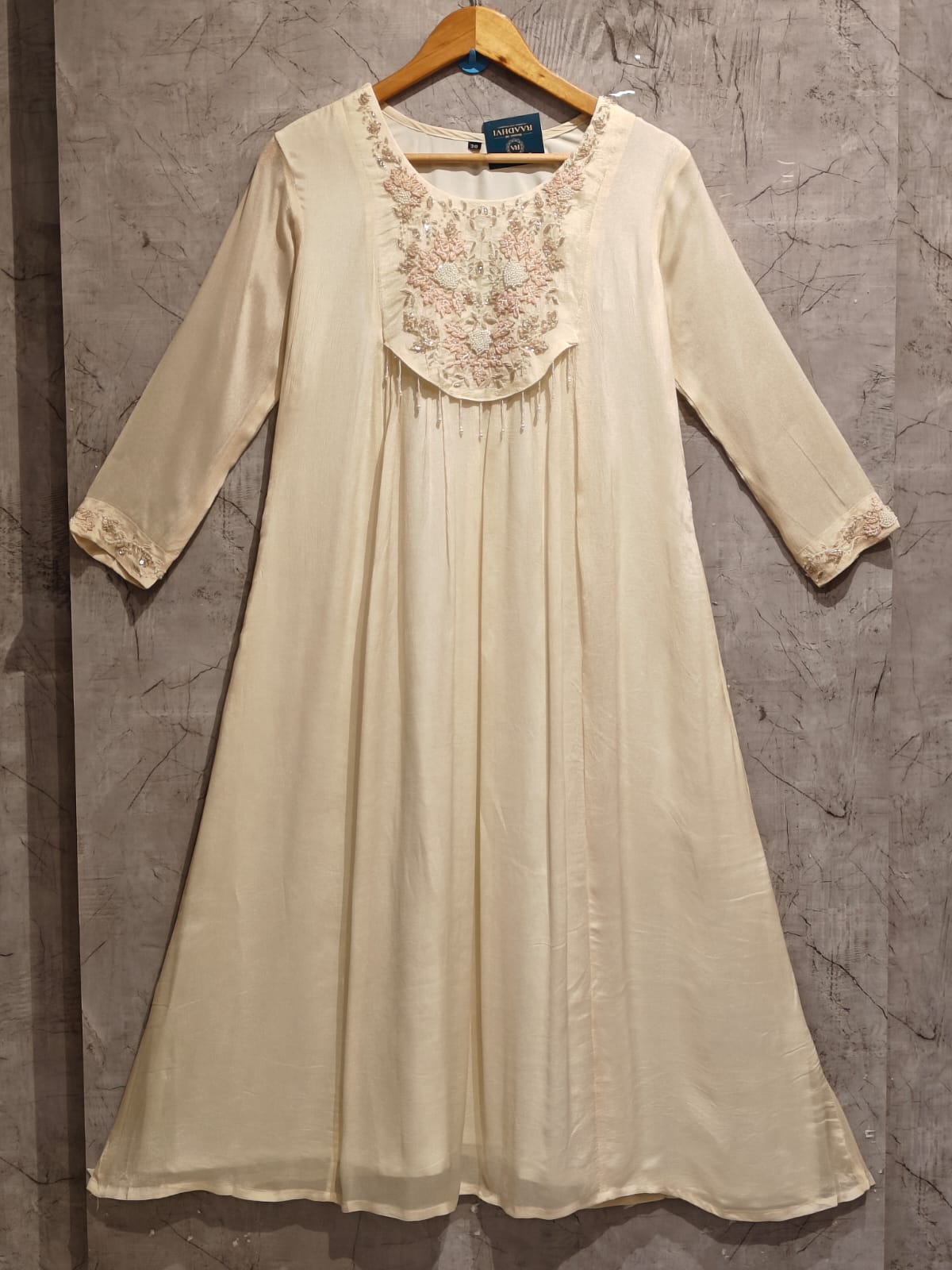 White Anarkali Chinnon Handwork Kurtha