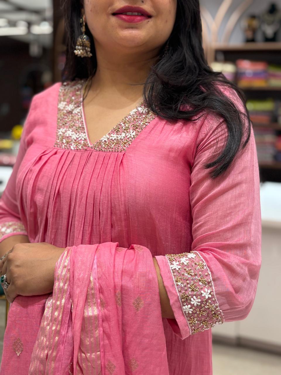 Baby Pink Mul Chanderi Hand Embroidery Airline Kurtha 324