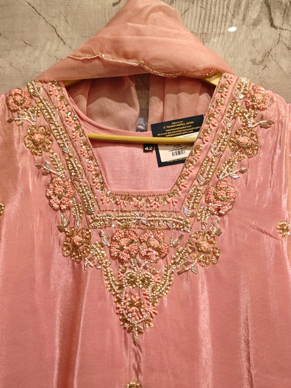 "Chandini" Baby Pink Tissue Shimmer Kurtha with heavy handwork on Sleeves- Plus Size