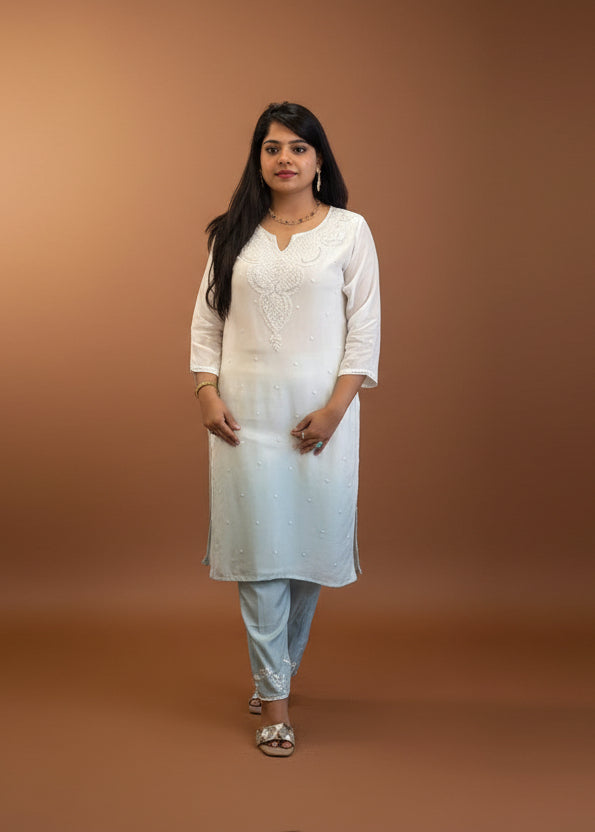 White nd Blue Chinnon Hand Embroidery Cord Set Kurtha 487