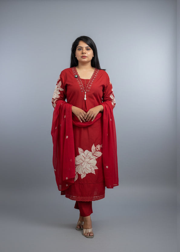 Red Cotton Hand Embroidery Straight Fit Kurtha 597