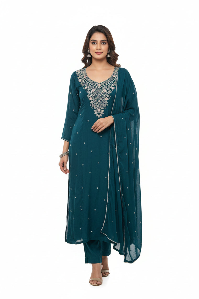 Steal Blue Anarkali chinnon handwork party ware Kurtha 567