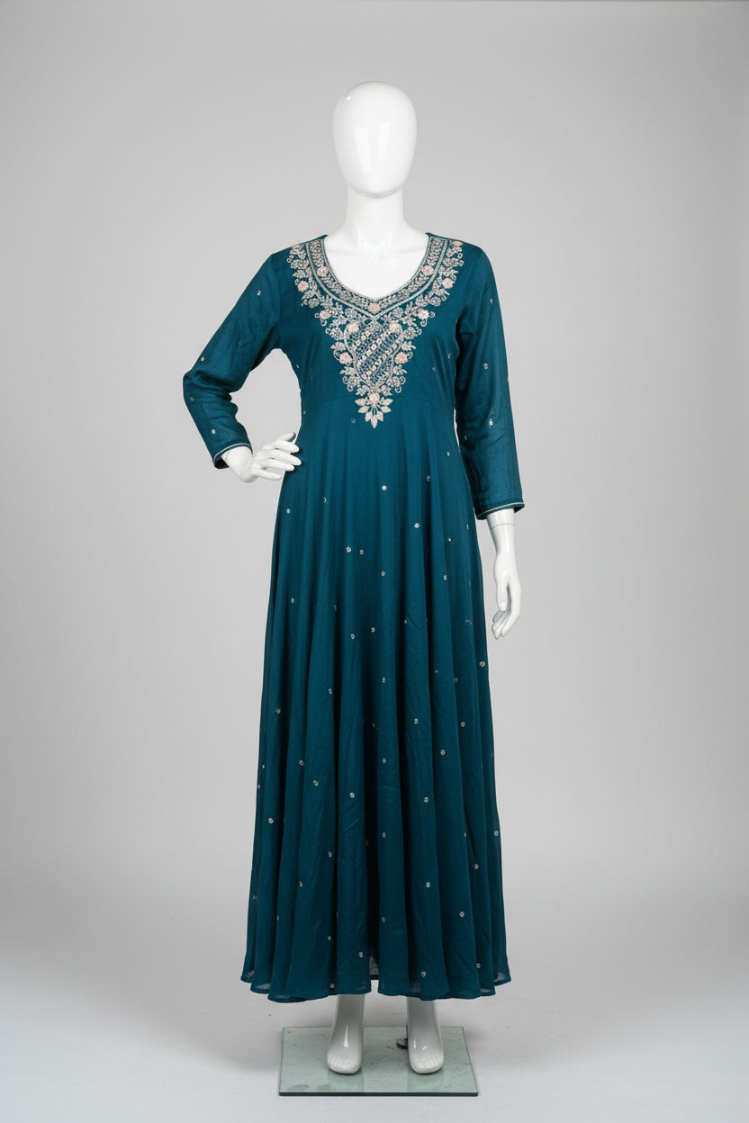 Steal Blue Anarkali chinnon handwork party ware Kurtha 567