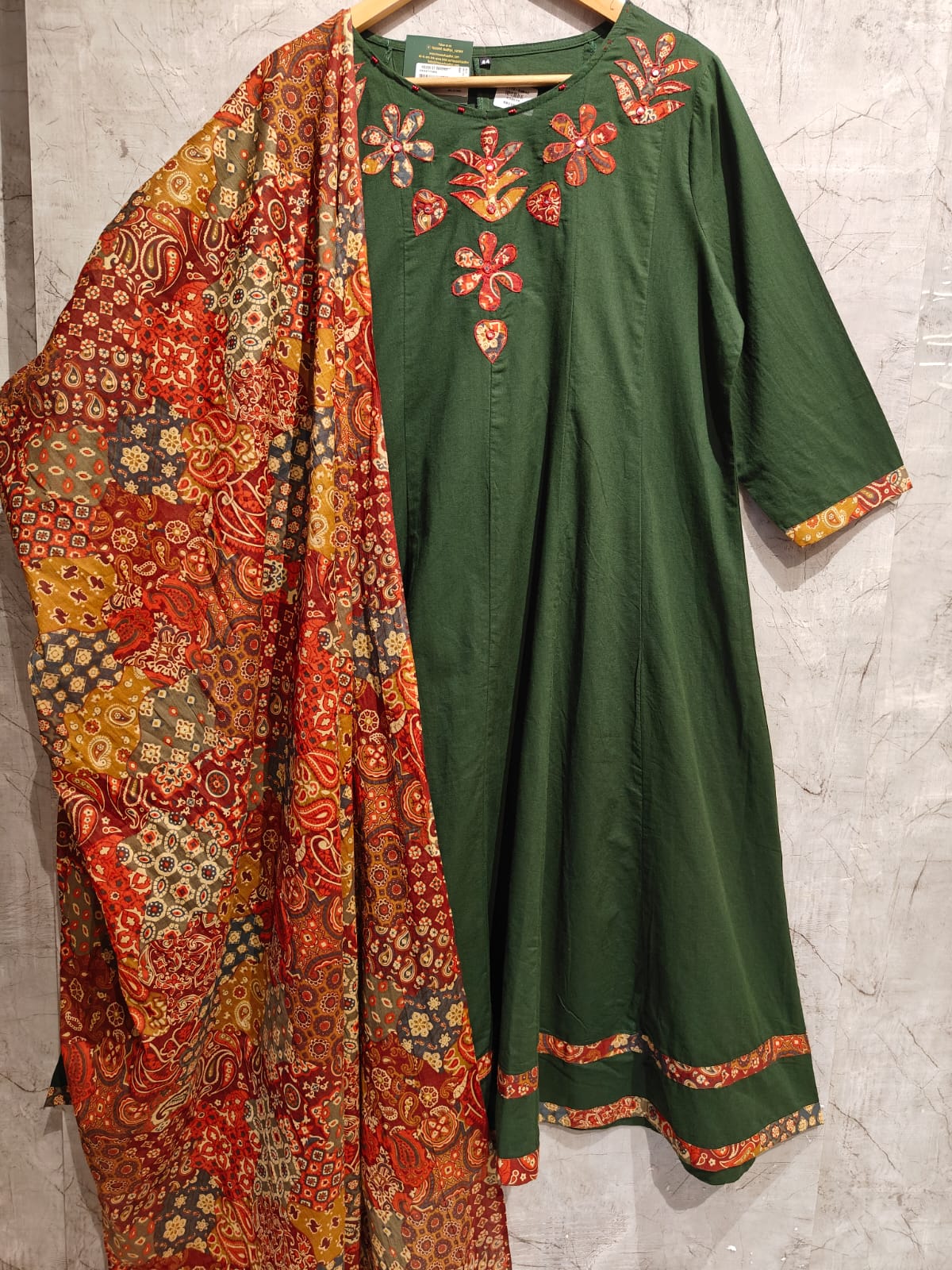 Green Cotton Hand Embroidery A Line Kurtha 389