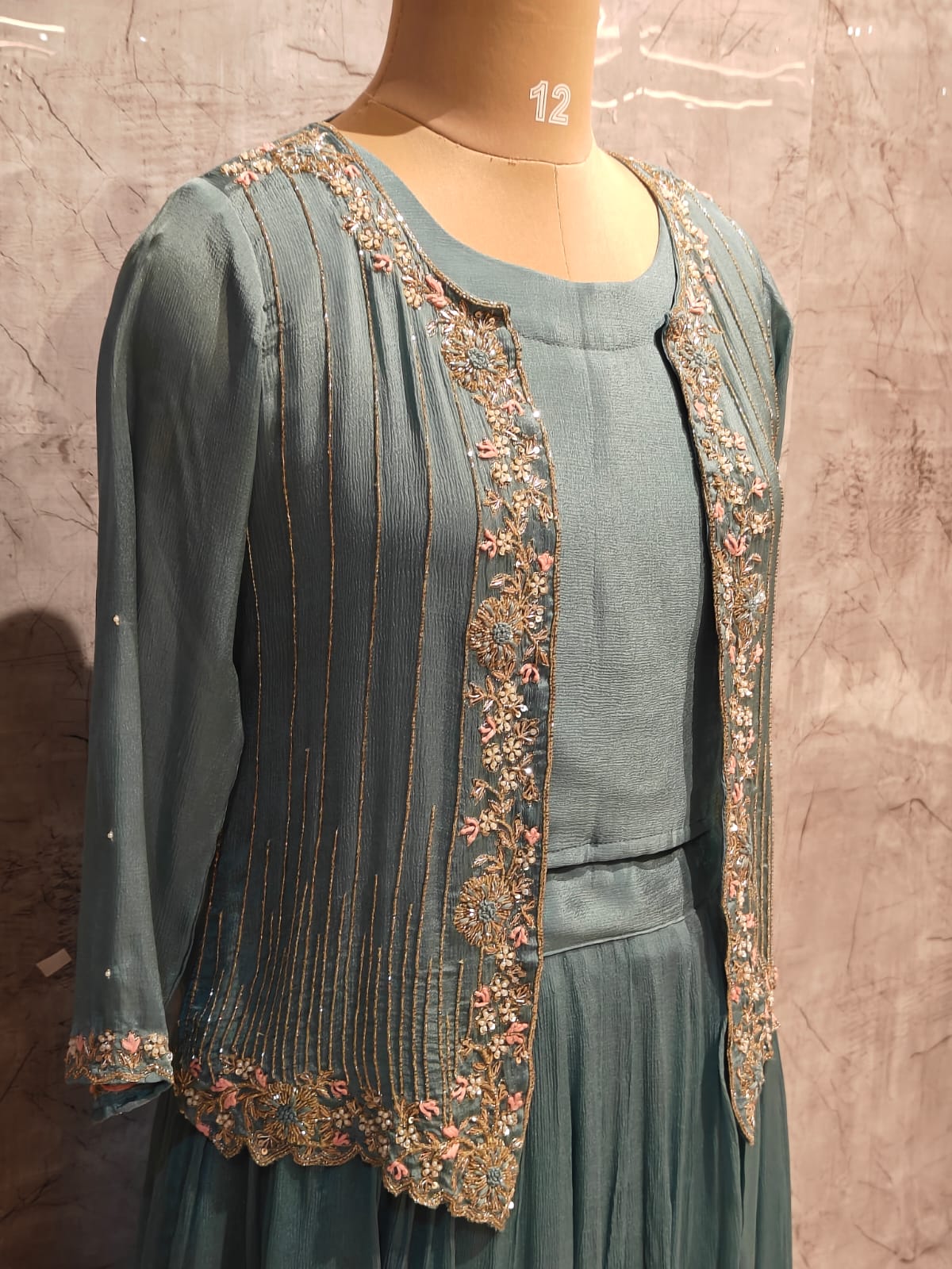 “Pari" Blue Designer Kurtha 43 Set with Handwork Top, Skirt and Jacket Indo-western